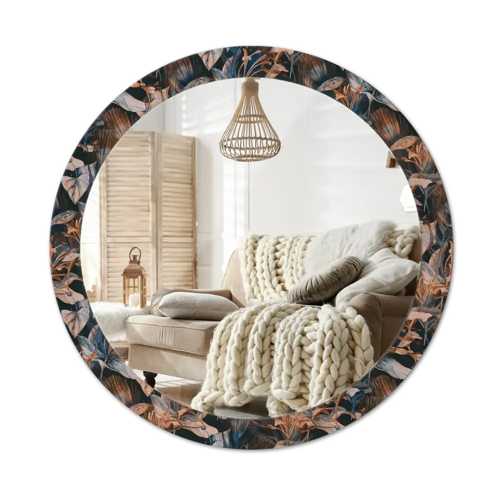 Round mirror frame with print Dark tropical leaves