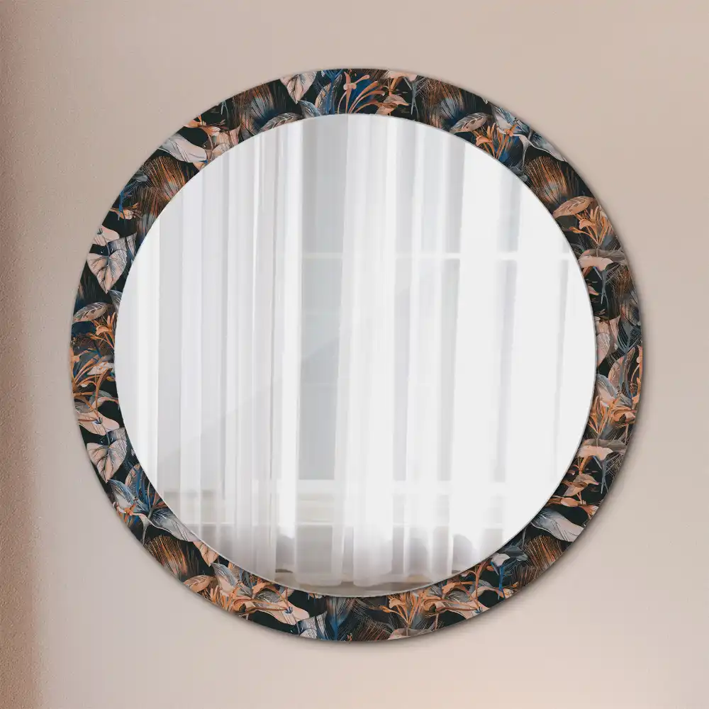 Round mirror frame with print Dark tropical leaves