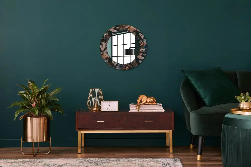 Round mirror frame with print Dark tropical leaves
