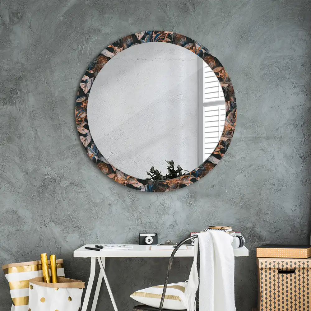 Round mirror frame with print Dark tropical leaves