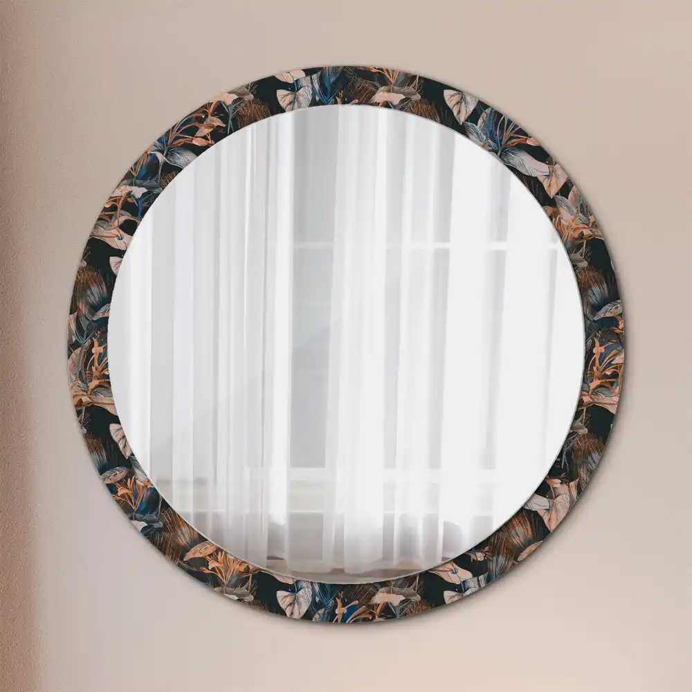Round mirror frame with print Dark tropical leaves