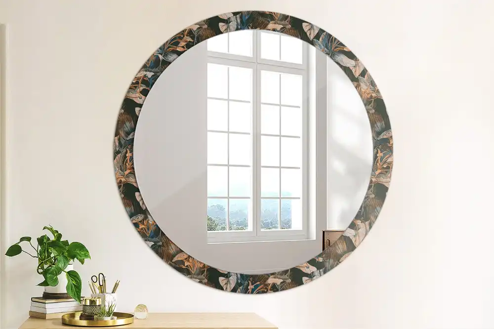 Round mirror frame with print Dark tropical leaves