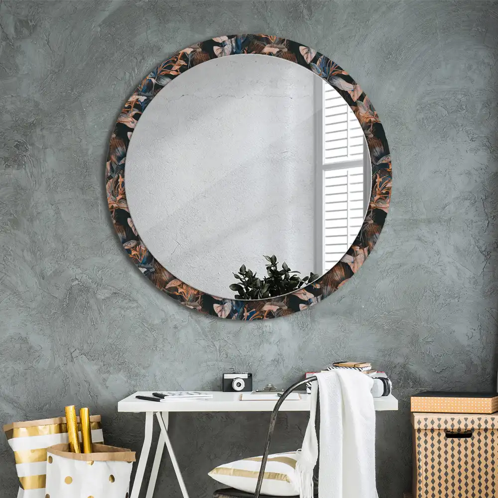 Round mirror frame with print Dark tropical leaves