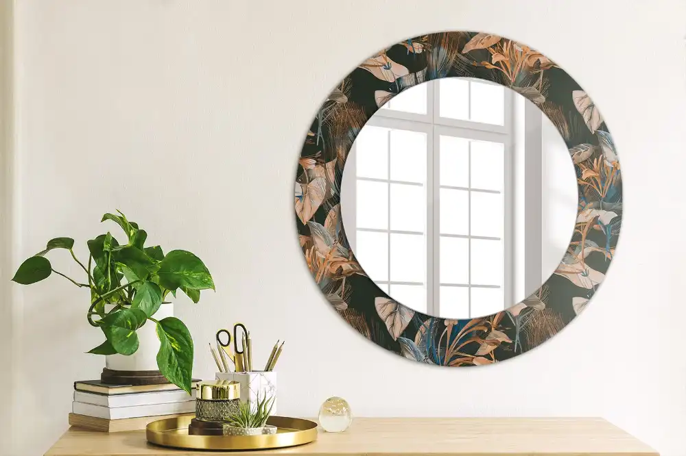 Round mirror frame with print Dark tropical leaves