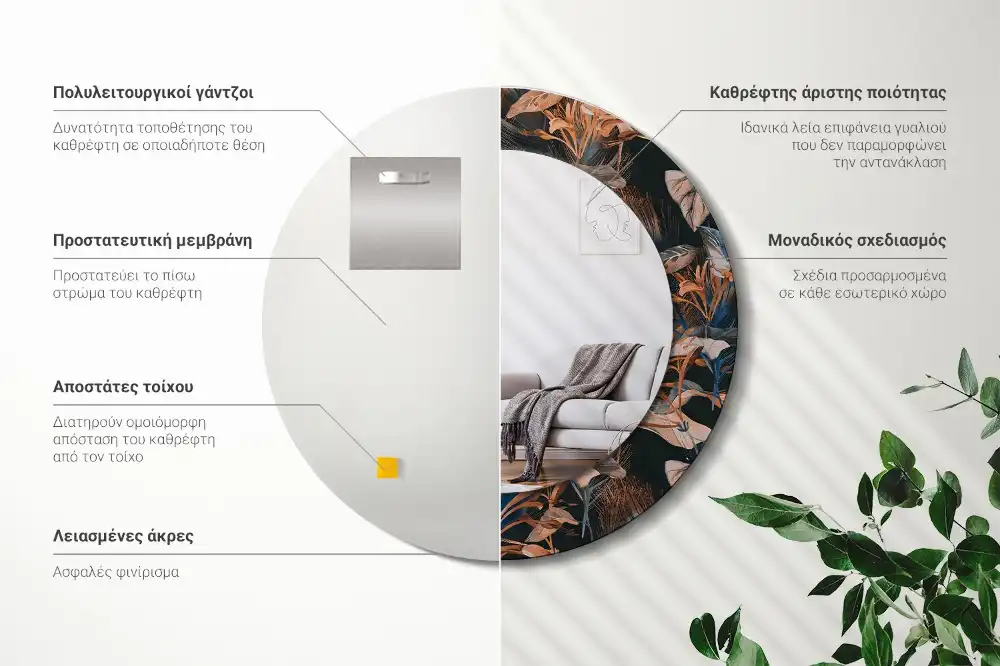 Round mirror frame with print Dark tropical leaves