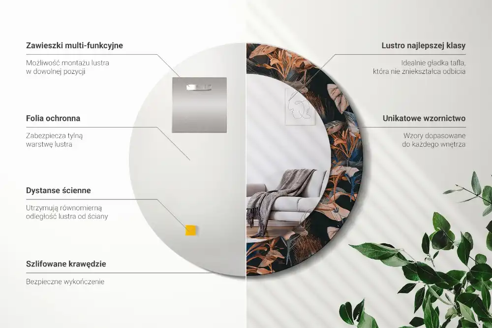 Round mirror frame with print Dark tropical leaves