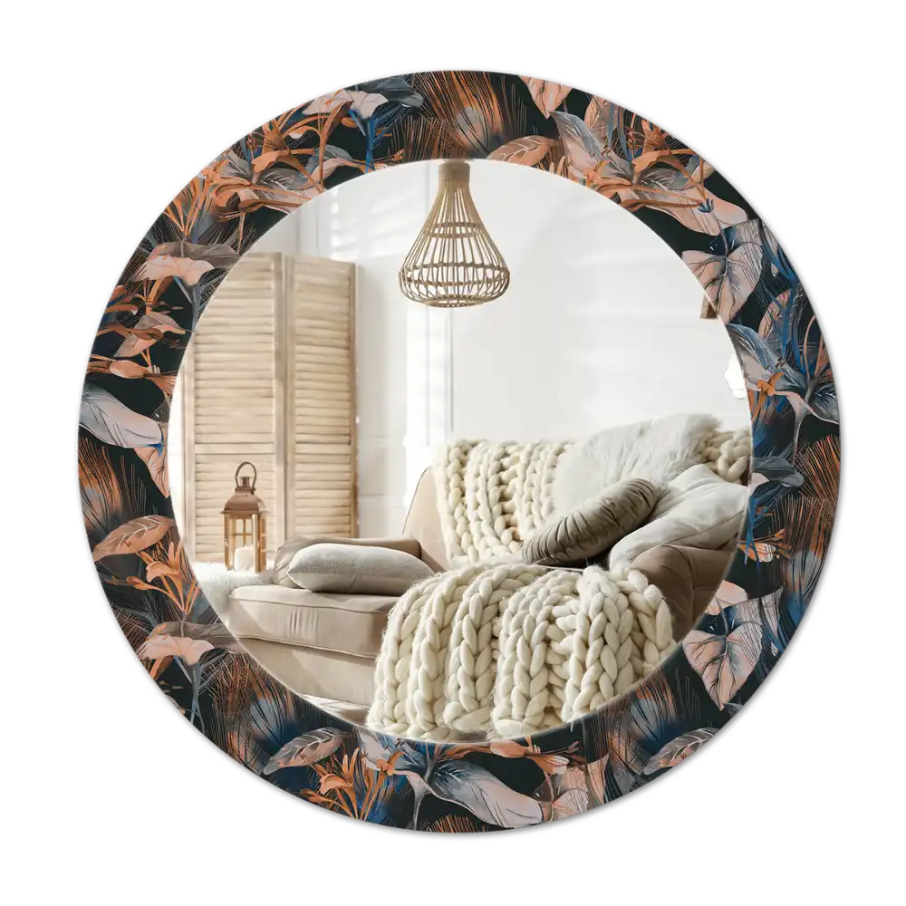 Round mirror frame with print Dark tropical leaves