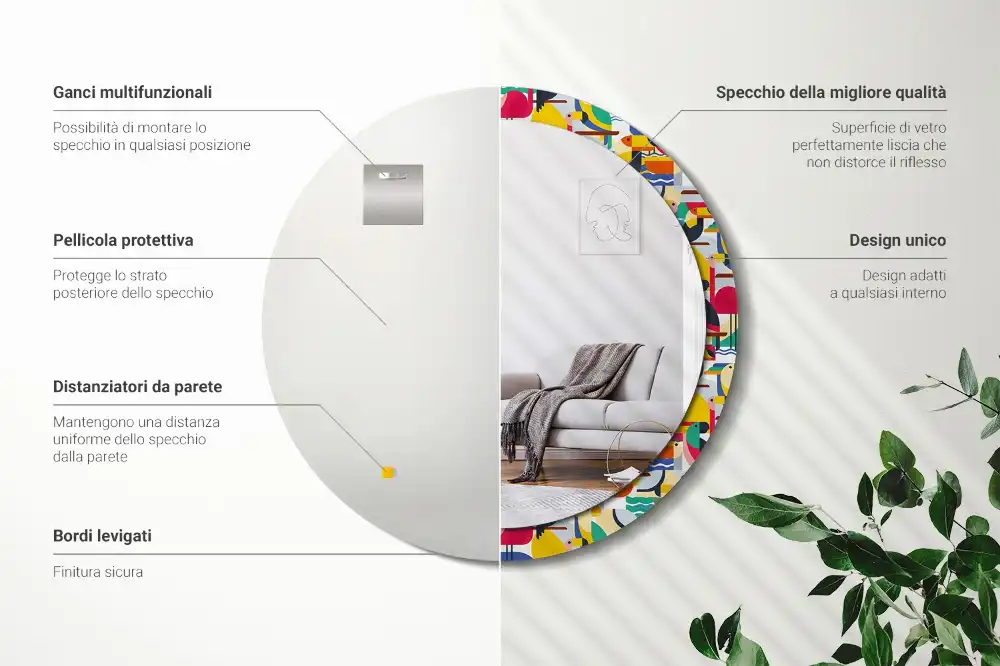 Round wall mirror decor Geometric Tropical Birds