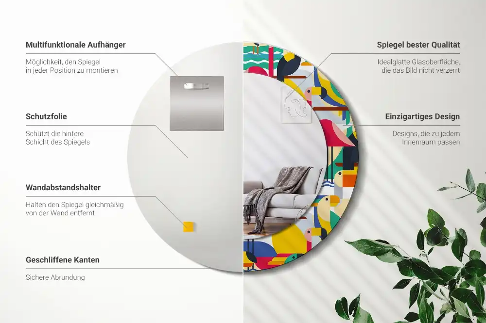 Round wall mirror decor Geometric Tropical Birds