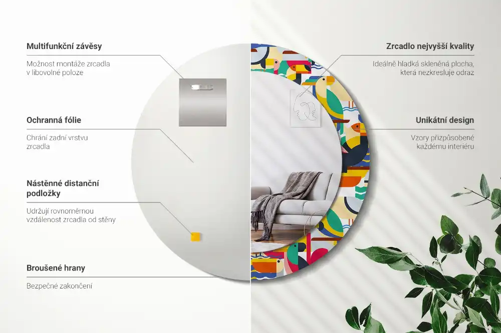 Round wall mirror decor Geometric Tropical Birds