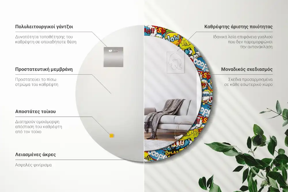 Round printed mirror Comic book style pattern