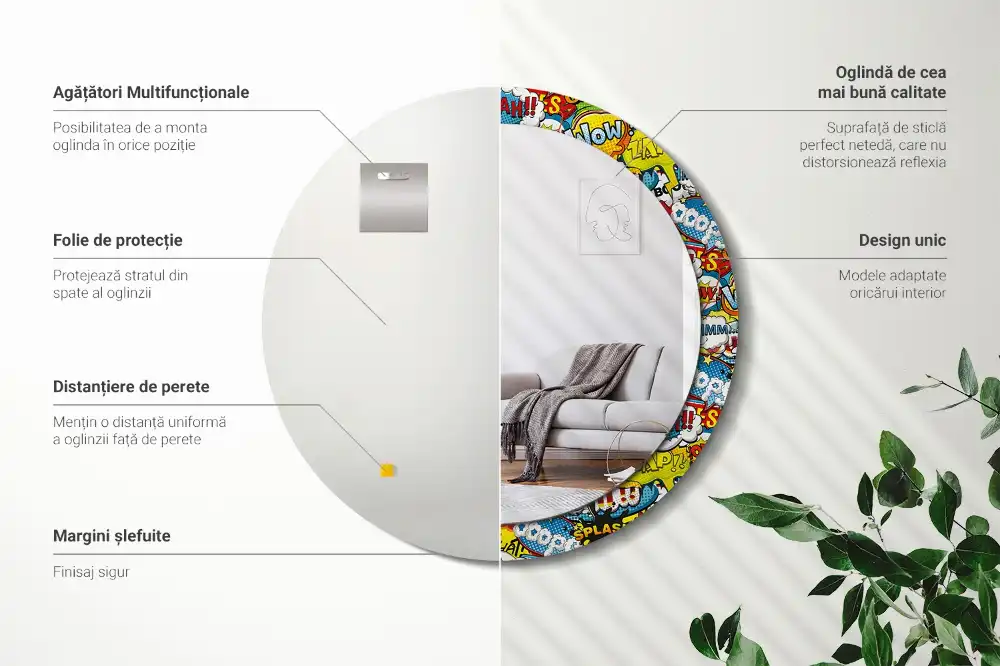 Round printed mirror Comic book style pattern