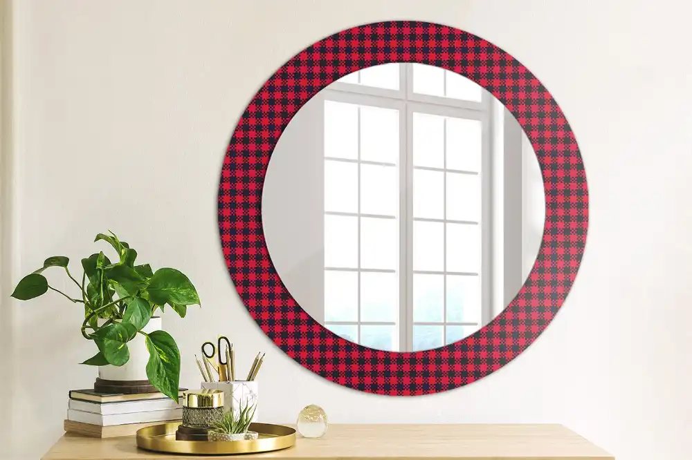 Round wall mirror decor Red checkered