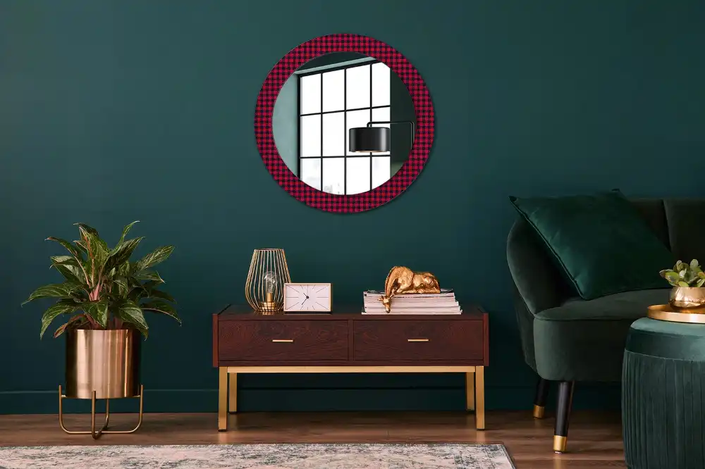 Round wall mirror decor Red checkered