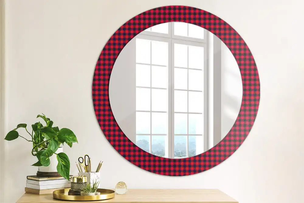 Round wall mirror decor Red checkered