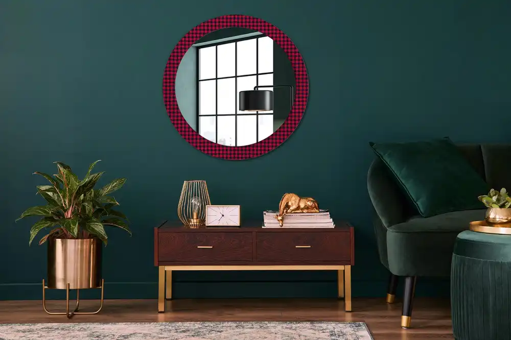 Round wall mirror decor Red checkered