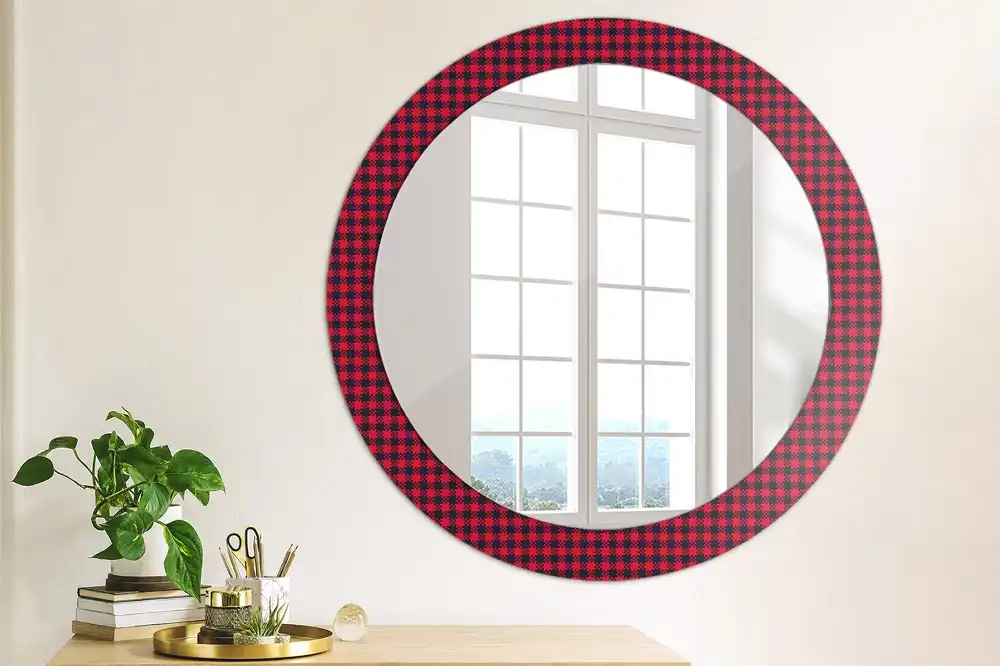 Round wall mirror decor Red checkered