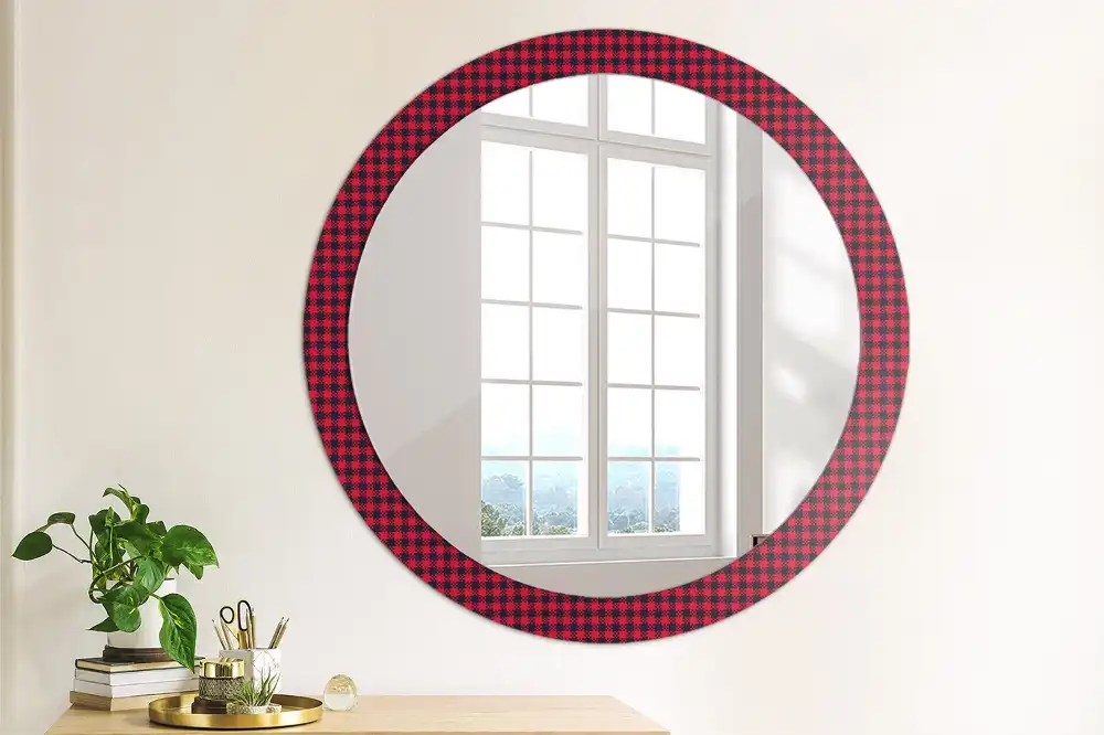 Round wall mirror decor Red checkered