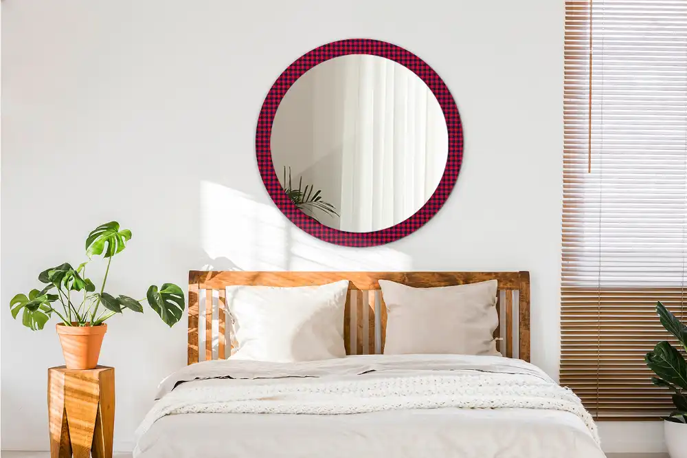 Round wall mirror decor Red checkered