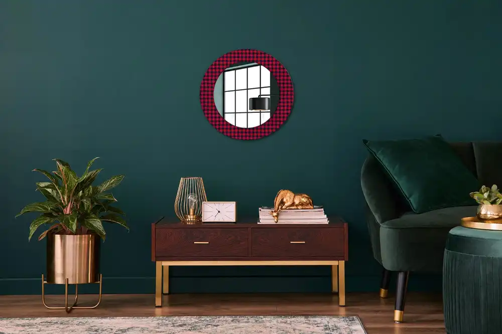 Round wall mirror decor Red checkered