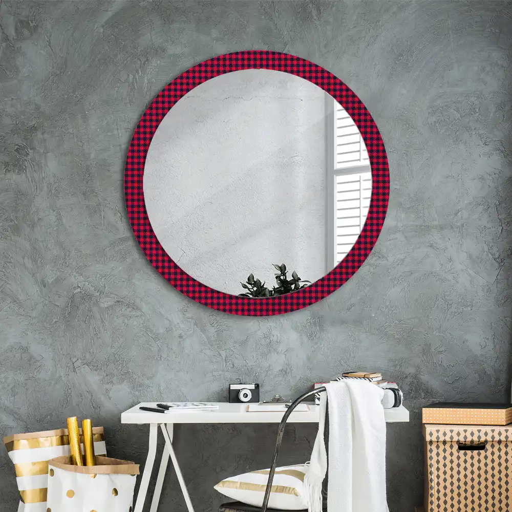 Round wall mirror decor Red checkered