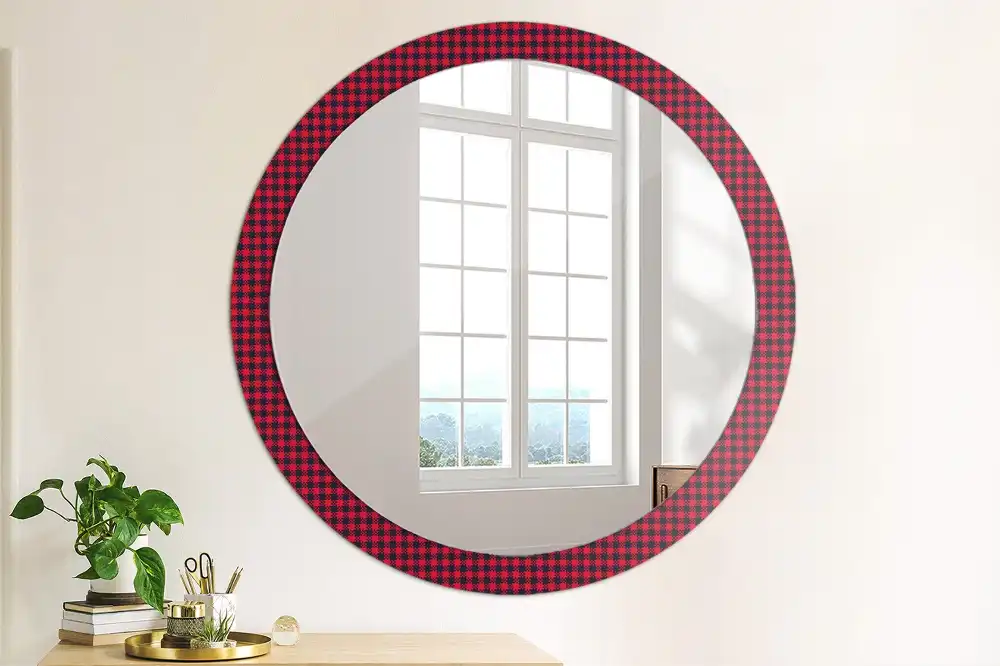 Round wall mirror decor Red checkered