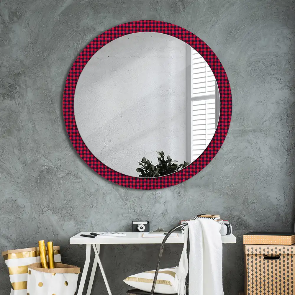 Round wall mirror decor Red checkered