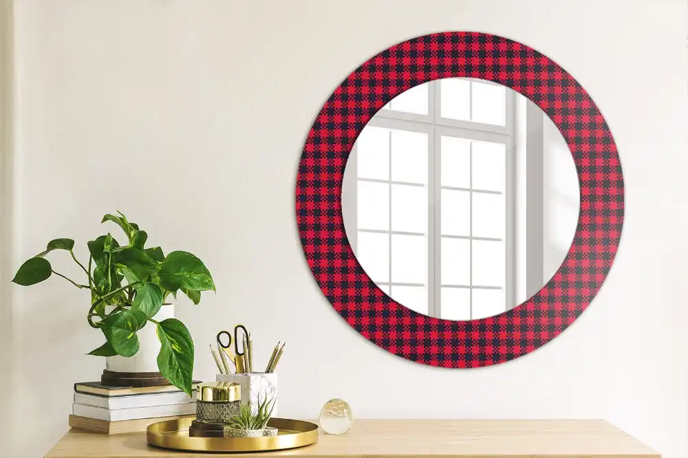 Round wall mirror decor Red checkered