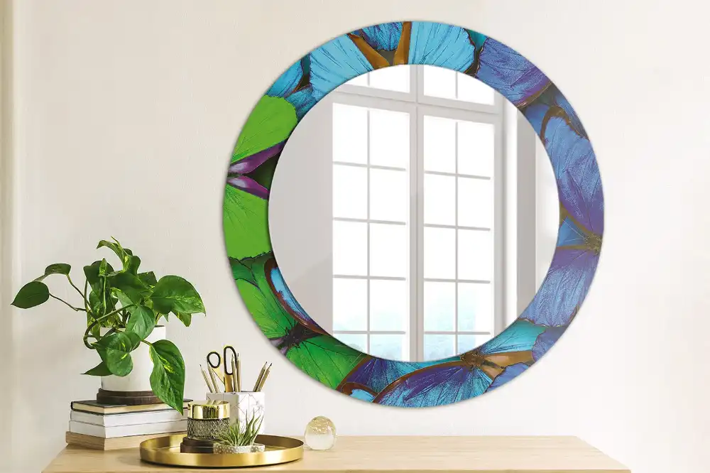 Round decorative mirror Blue and green butterfly