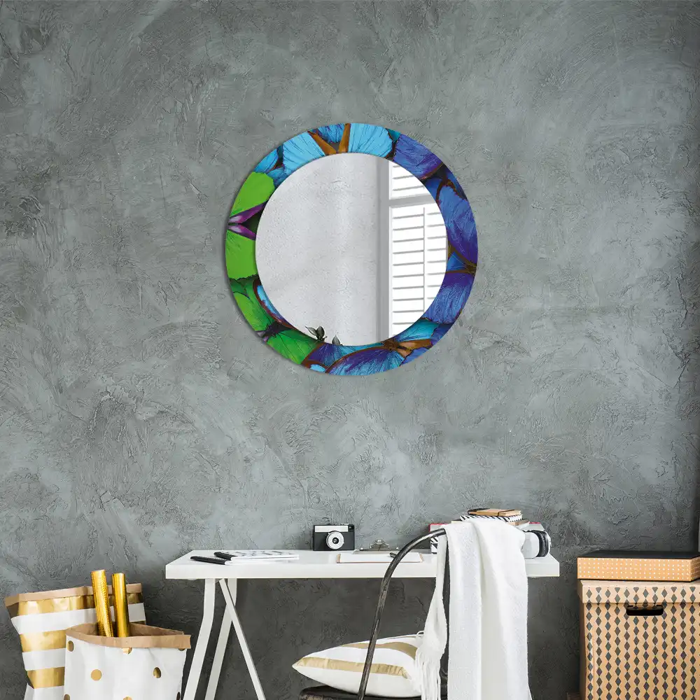 Round decorative mirror Blue and green butterfly