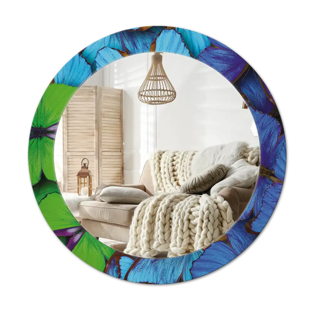 Round decorative mirror Blue and green butterfly