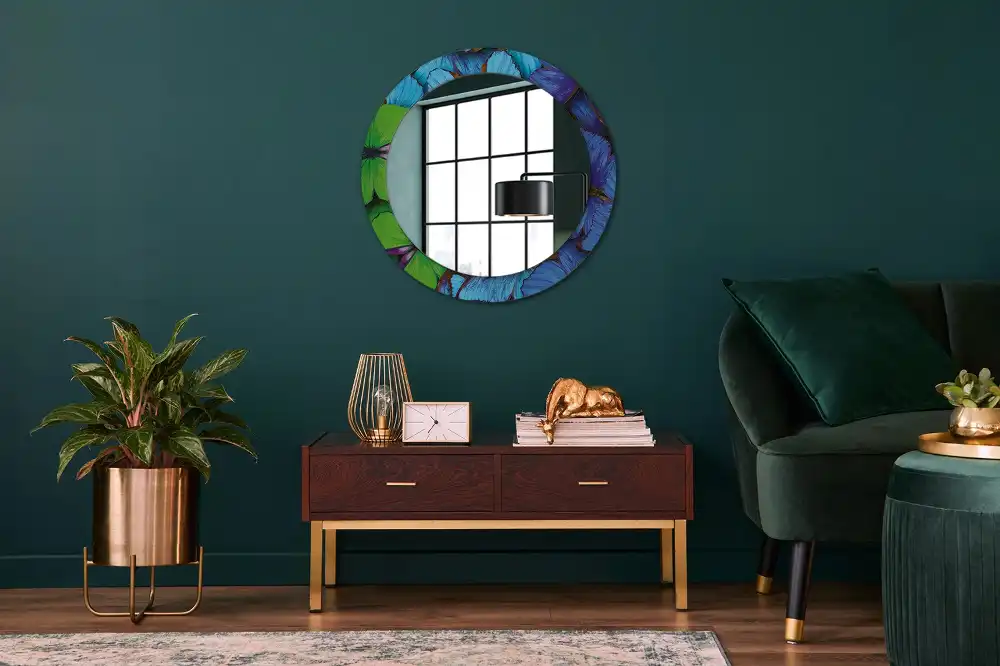 Round decorative mirror Blue and green butterfly