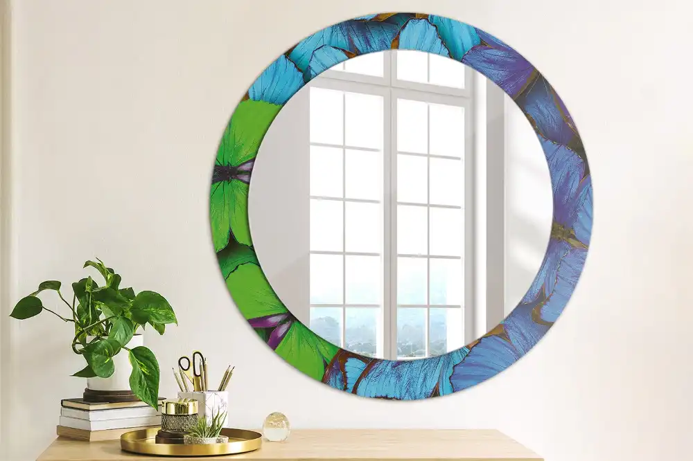 Round decorative mirror Blue and green butterfly
