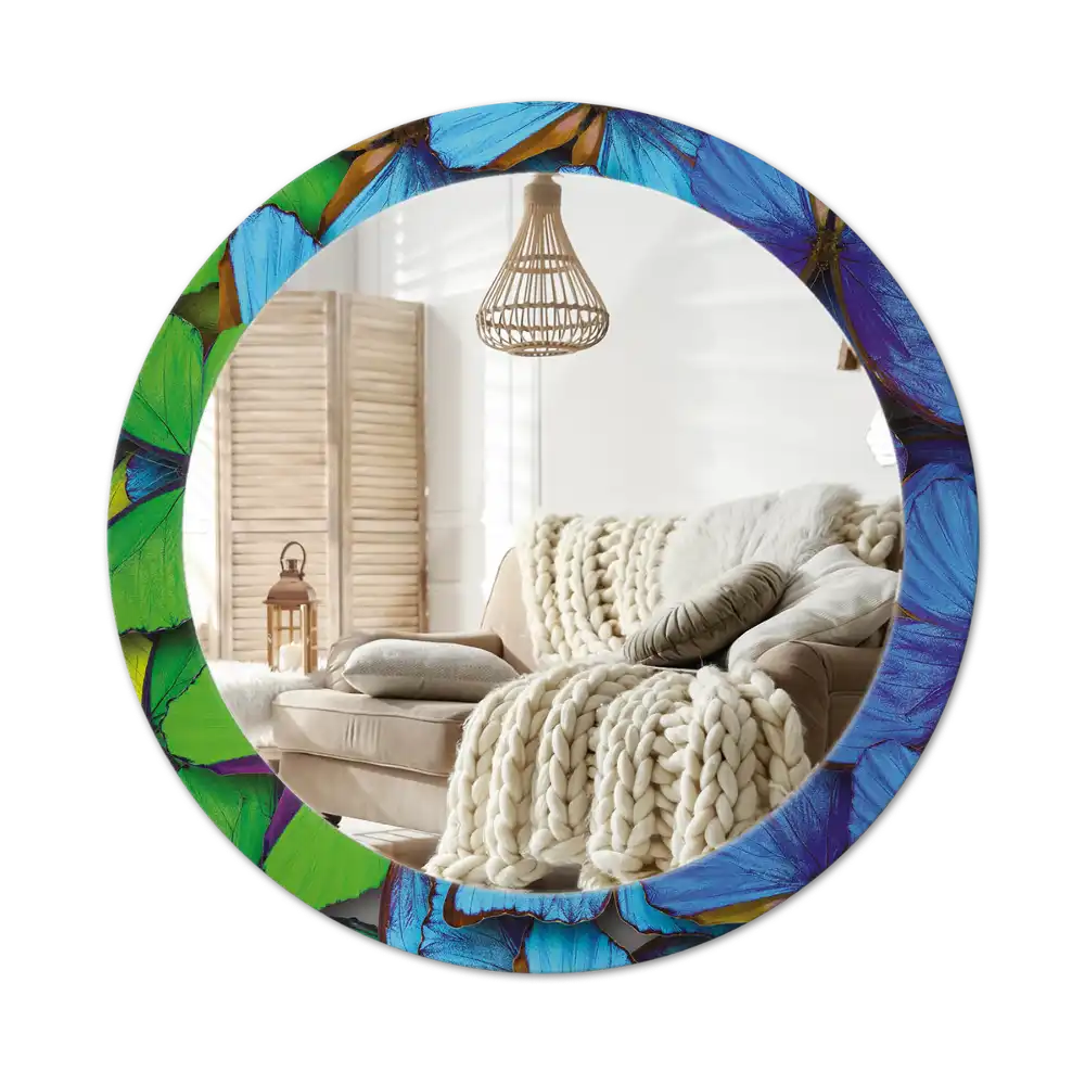 Round decorative mirror Blue and green butterfly