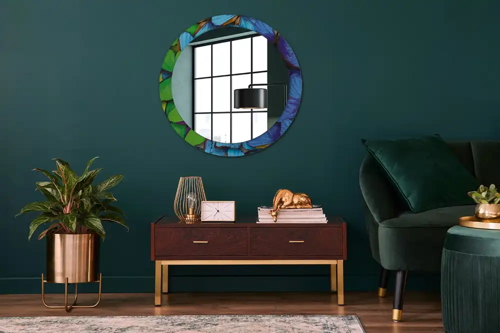 Round decorative mirror Blue and green butterfly