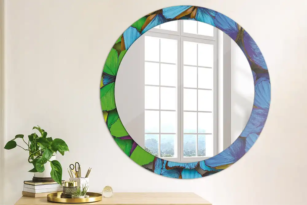 Round decorative mirror Blue and green butterfly