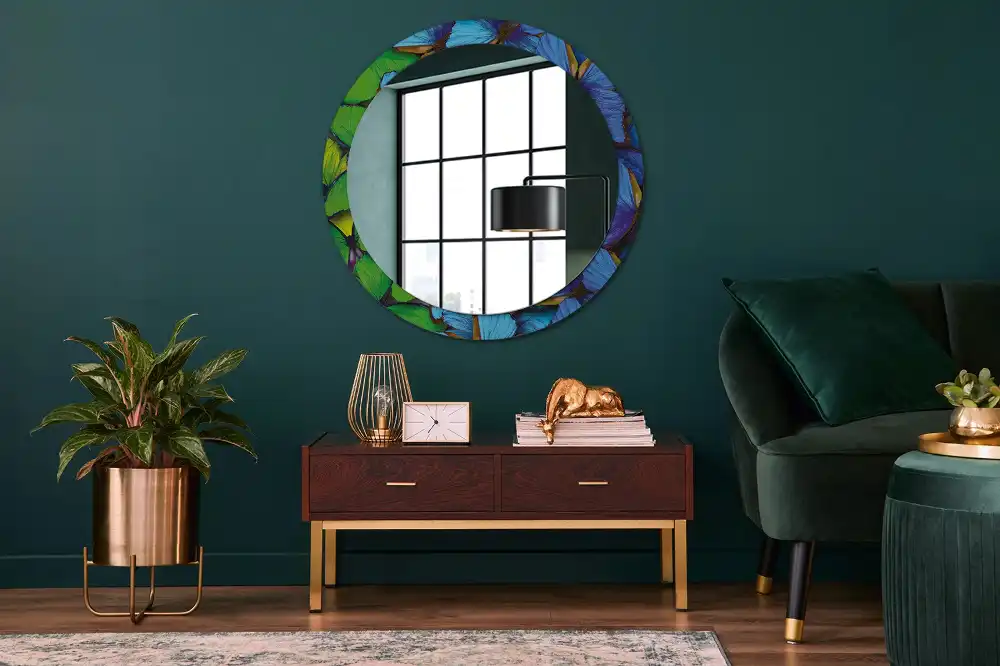 Round decorative mirror Blue and green butterfly