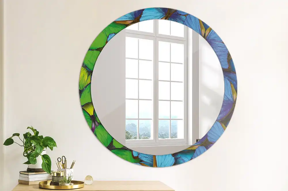 Round decorative mirror Blue and green butterfly