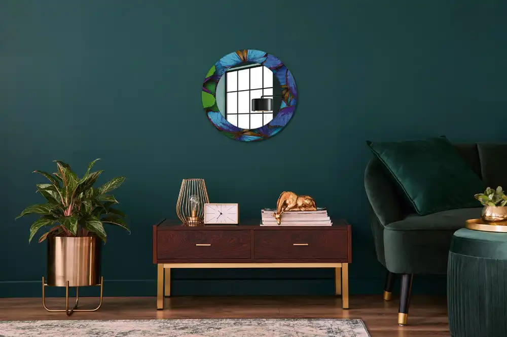 Round decorative mirror Blue and green butterfly