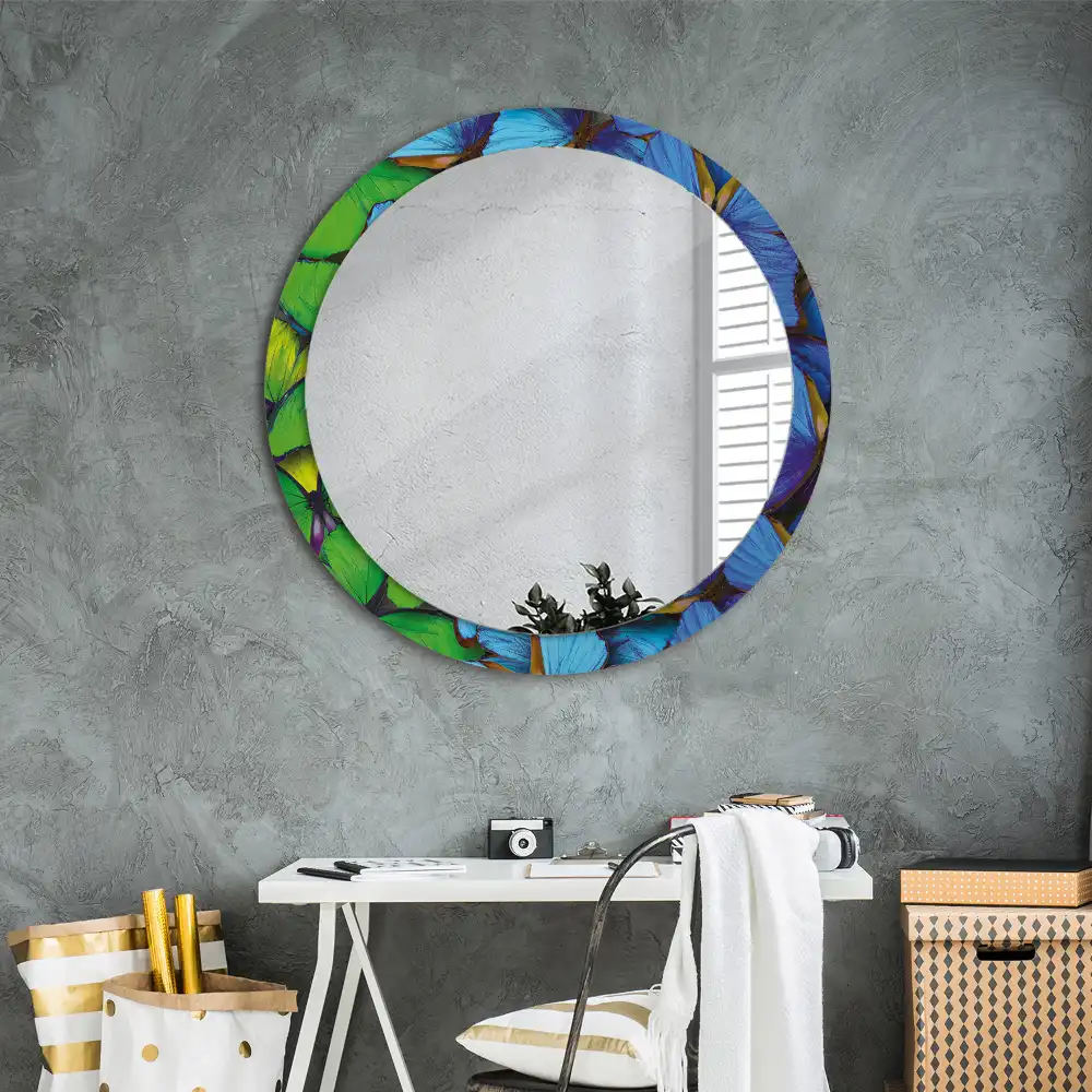 Round decorative mirror Blue and green butterfly