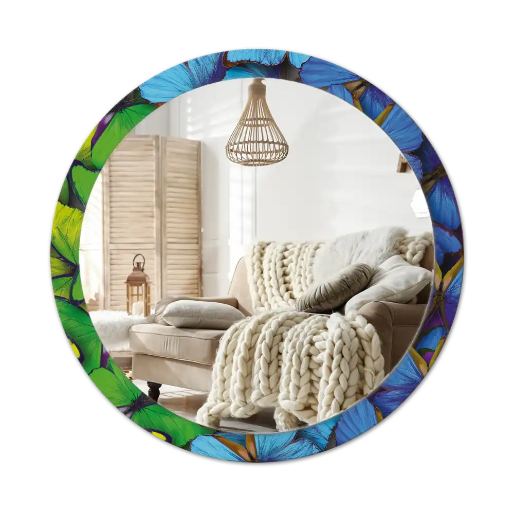 Round decorative mirror Blue and green butterfly