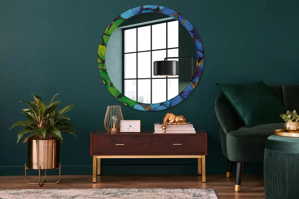 Round decorative mirror Blue and green butterfly