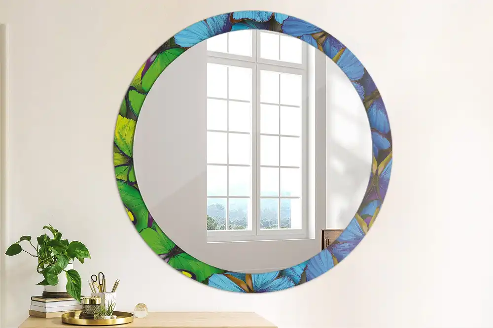 Round decorative mirror Blue and green butterfly