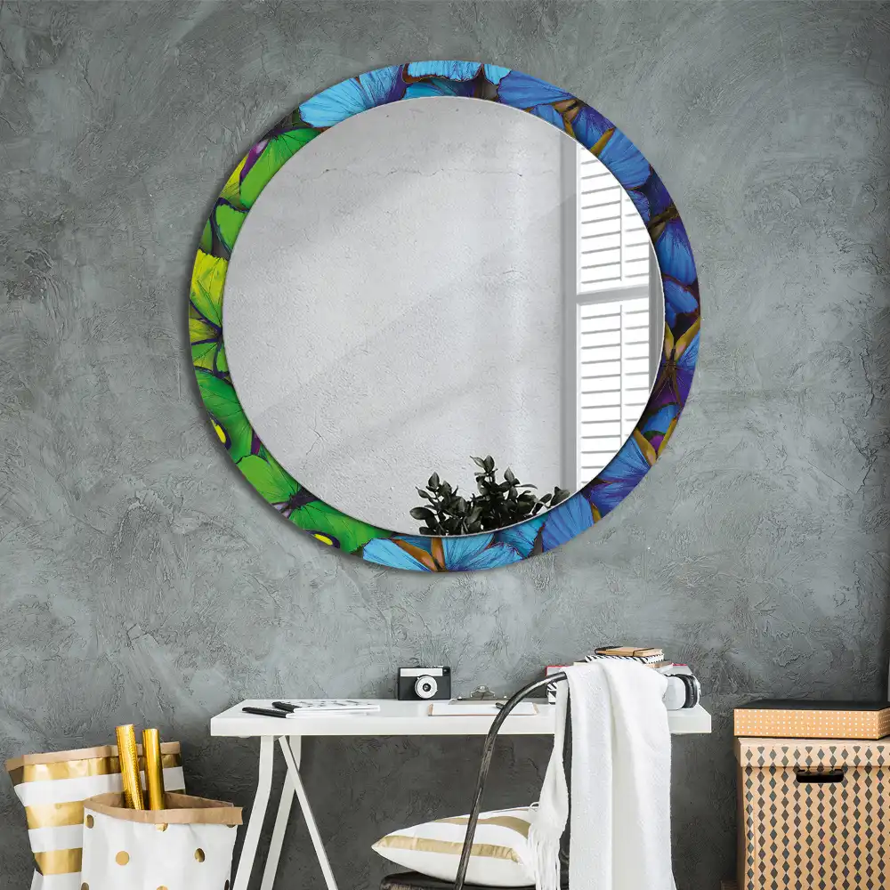 Round decorative mirror Blue and green butterfly