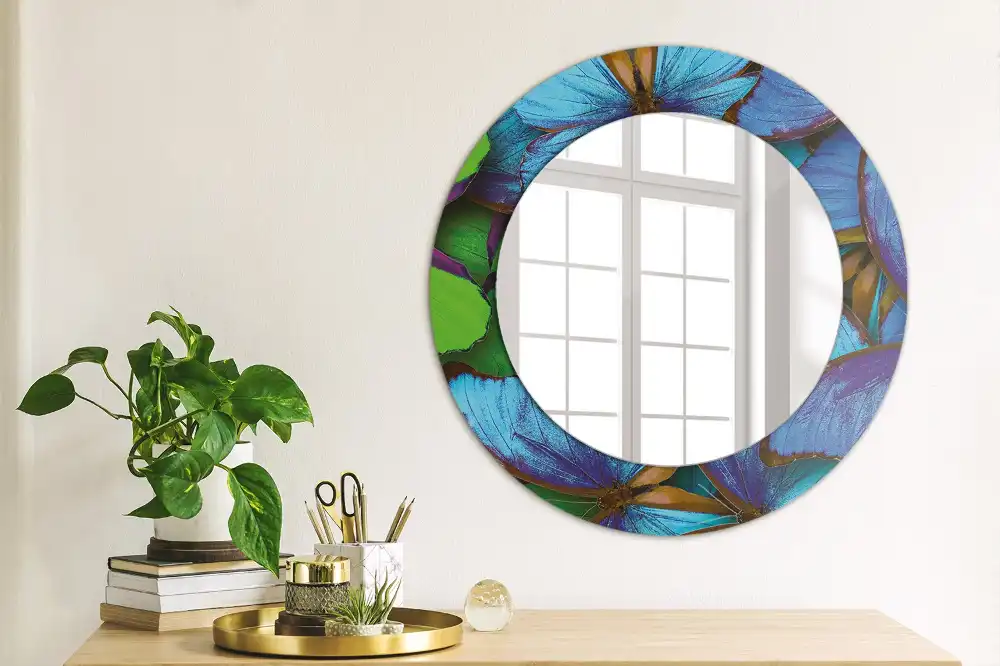 Round decorative mirror Blue and green butterfly