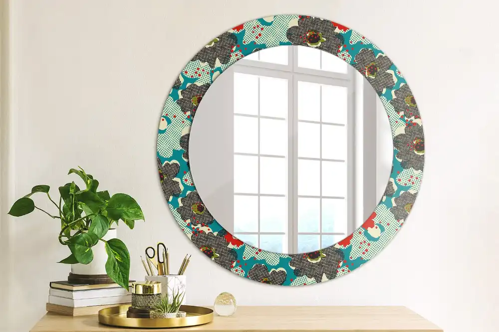 Round mirror frame with print Retro flowers pattern