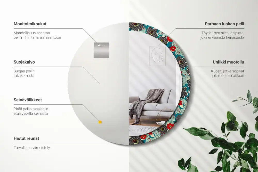 Round mirror frame with print Retro flowers pattern