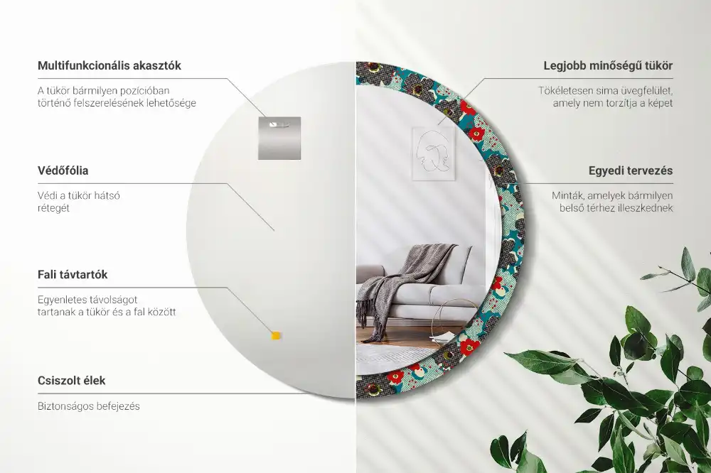 Round mirror frame with print Retro flowers pattern