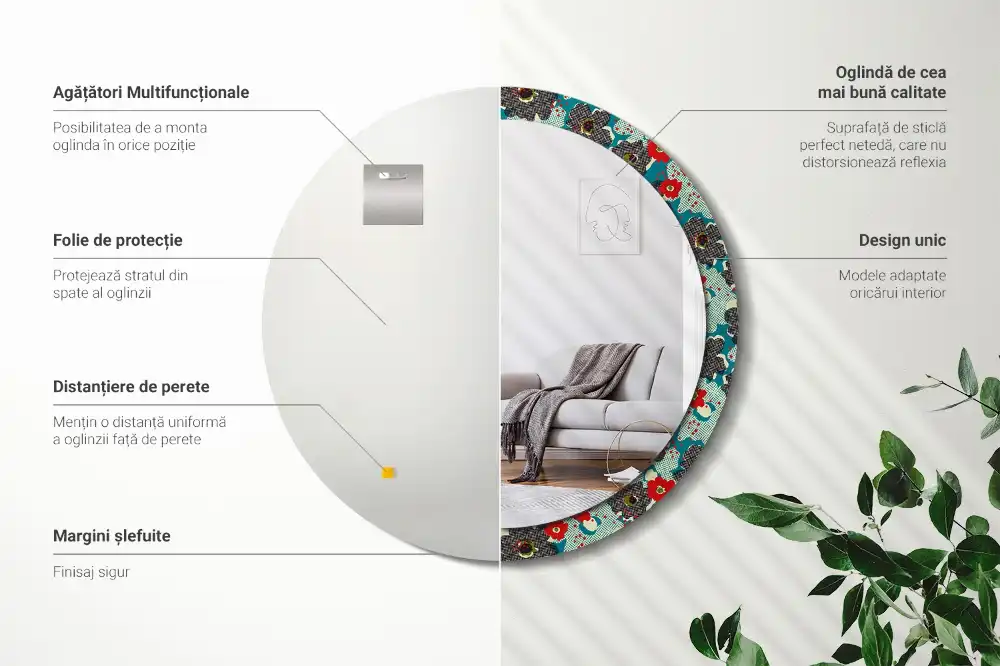 Round mirror frame with print Retro flowers pattern