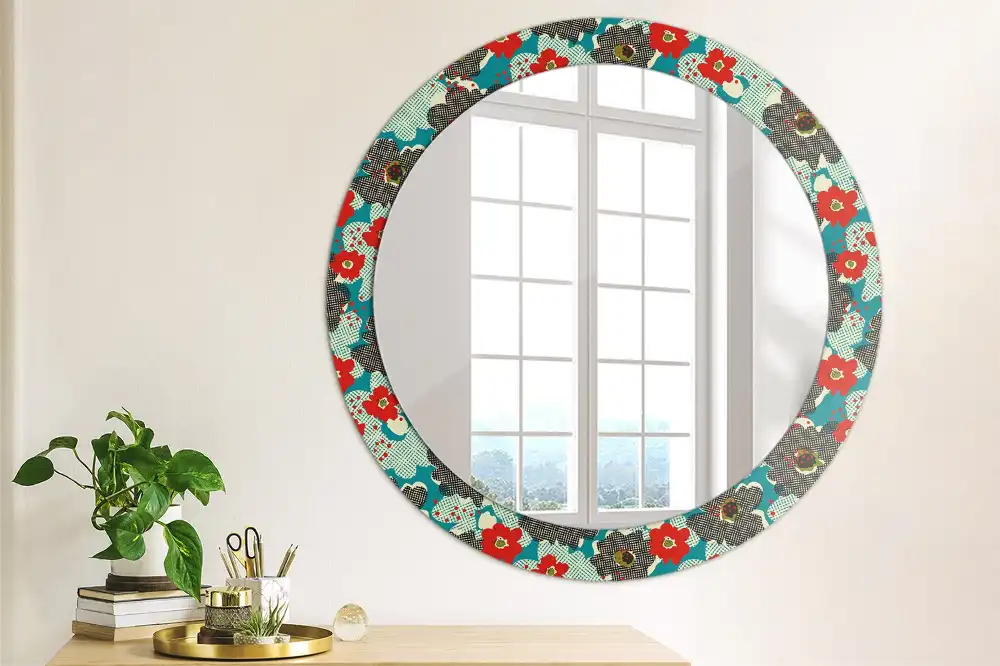 Round mirror frame with print Retro flowers pattern